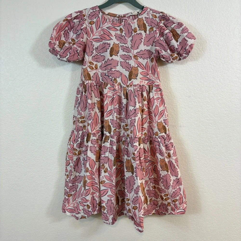 Mini Boden Tiered Dress Girls 6-7Y Pink Owl Fall Print Puff Sleeve Cottagecore